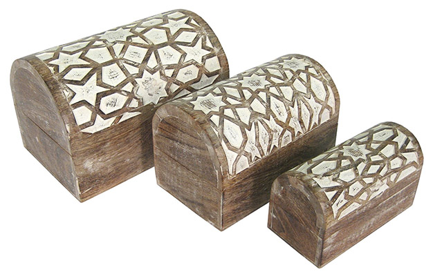 Mango Wood Set Of 3 Star Domed Boxes burnt White Finish - Click Image to Close